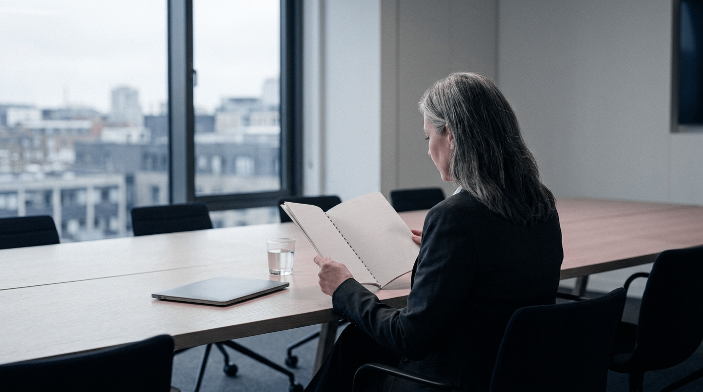 A woman alone at a long conference table reading a bound report.