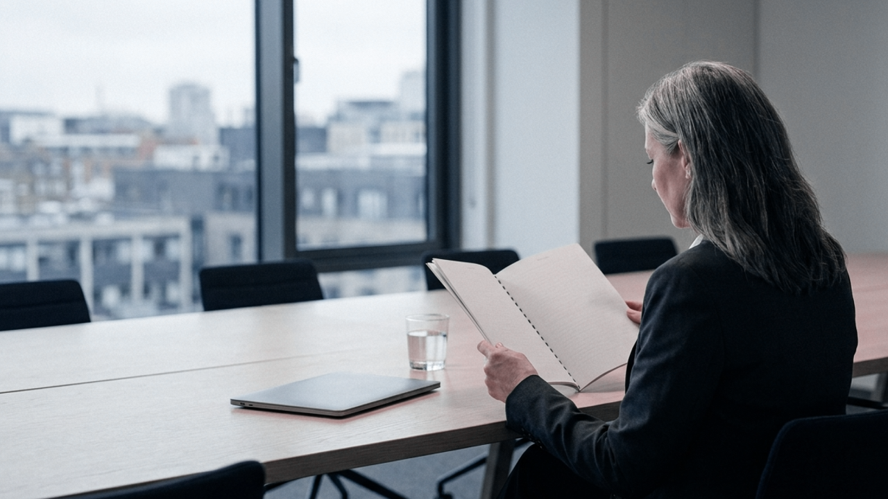 A woman alone at a long conference table reading a bound report.