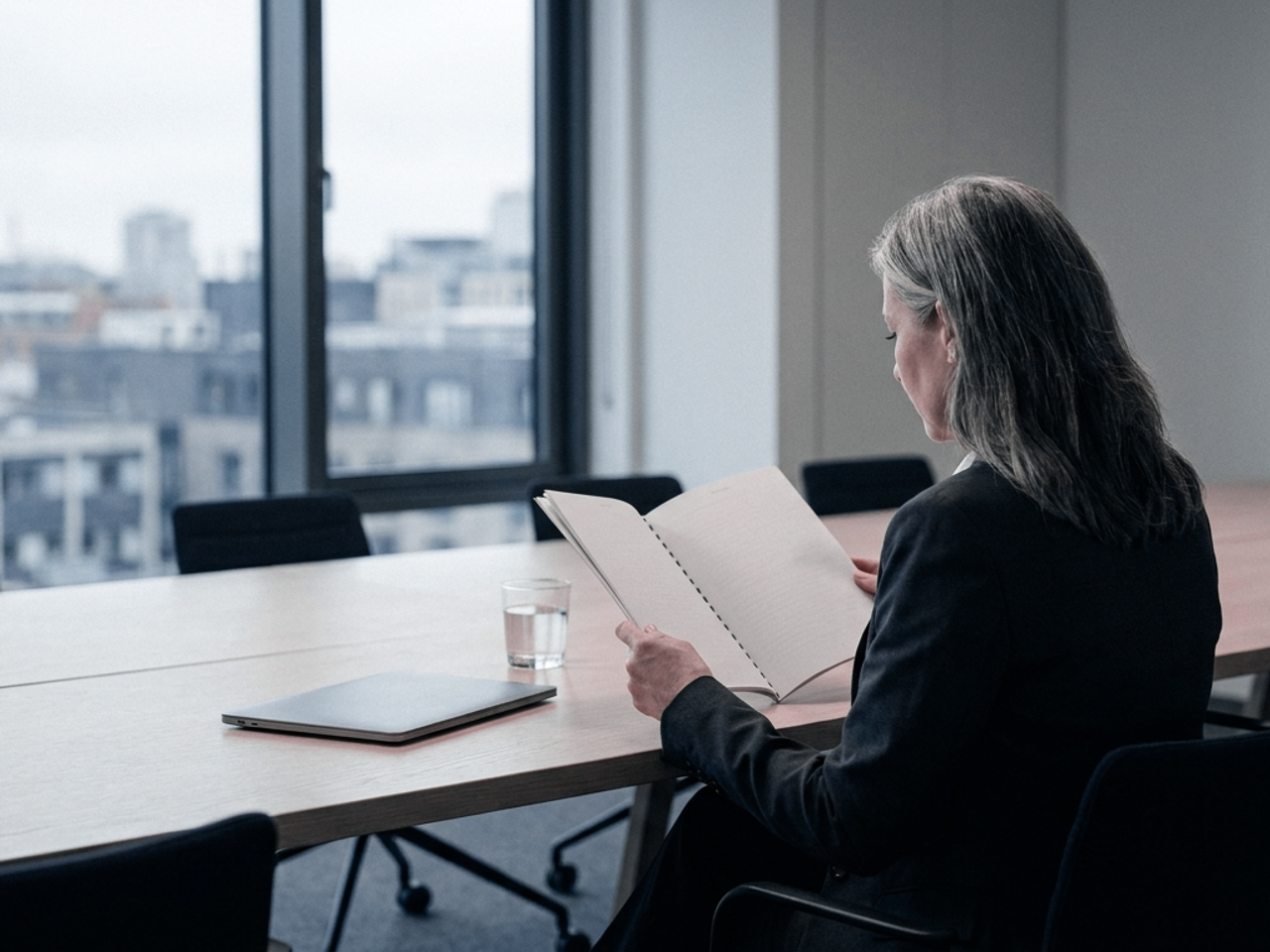 A woman alone at a long conference table reading a bound report.