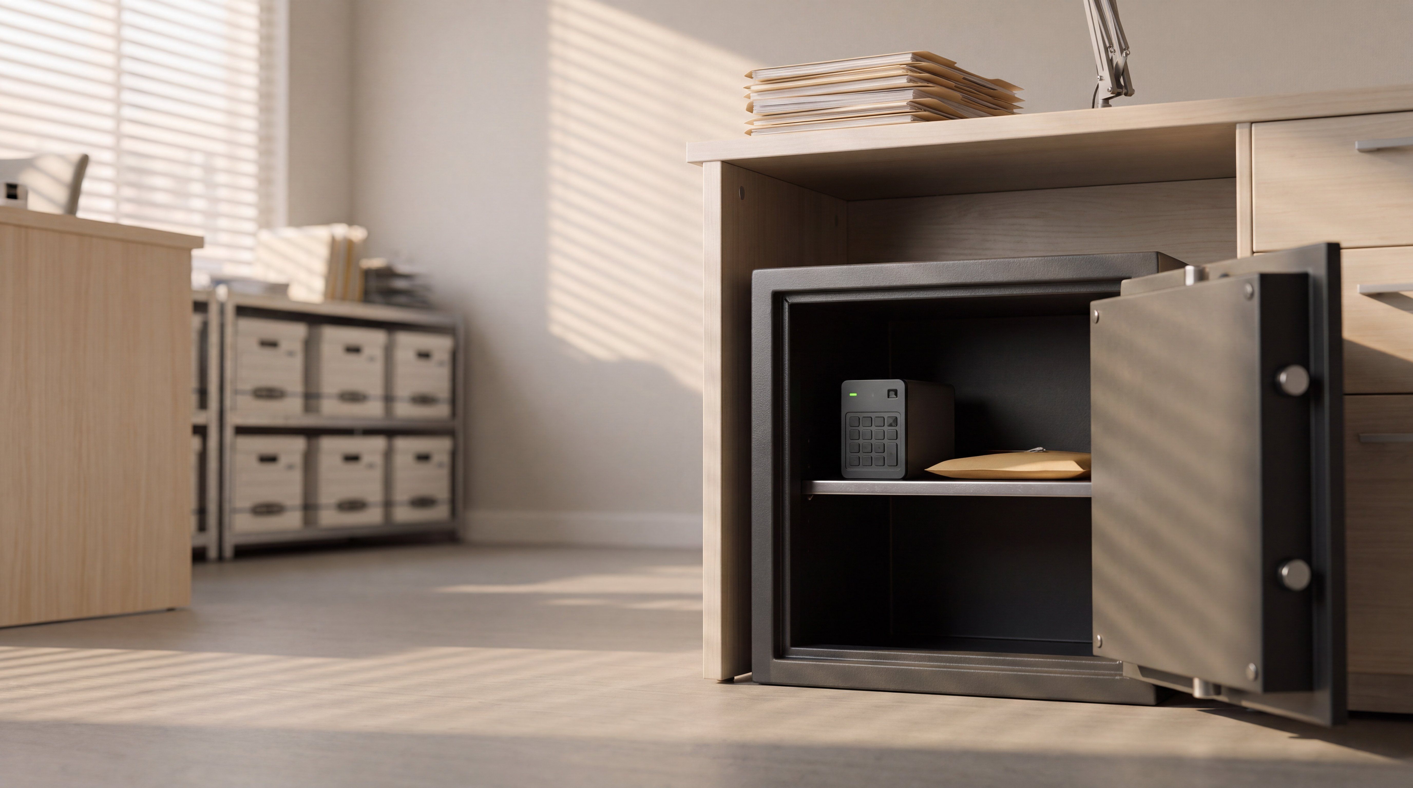 A compact office safe standing open beneath a desk in a CPA office, holding an encrypted backup drive with a keypad and a sealed envelope.