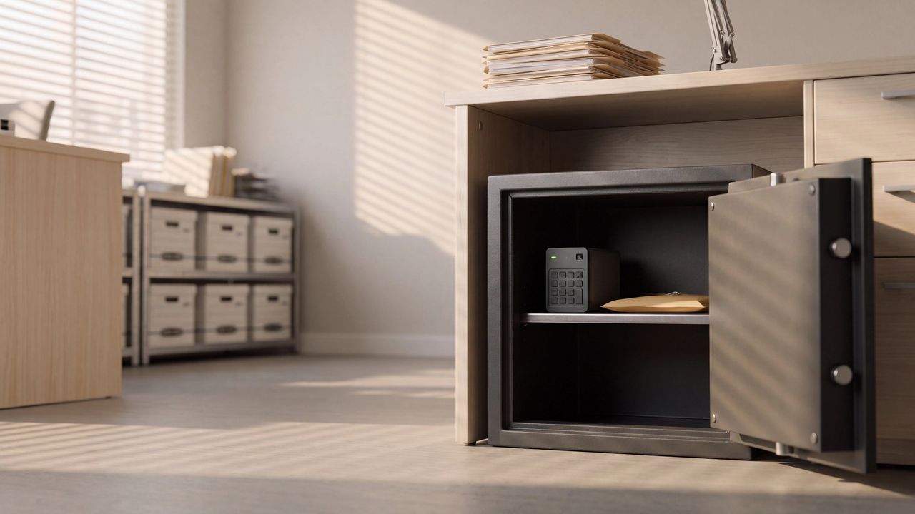 A compact office safe standing open beneath a desk in a CPA office, holding an encrypted backup drive with a keypad and a sealed envelope.