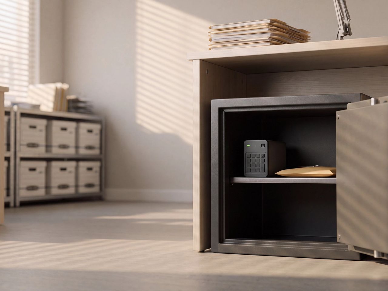 A compact office safe standing open beneath a desk in a CPA office, holding an encrypted backup drive with a keypad and a sealed envelope.