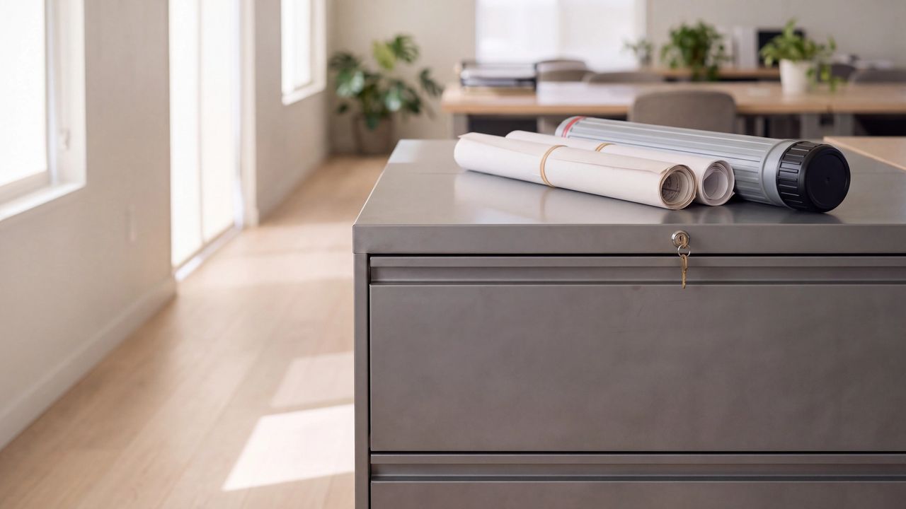 A locked steel file cabinet with rolled drawing sets and a drawing tube on top, in a bright design office.
