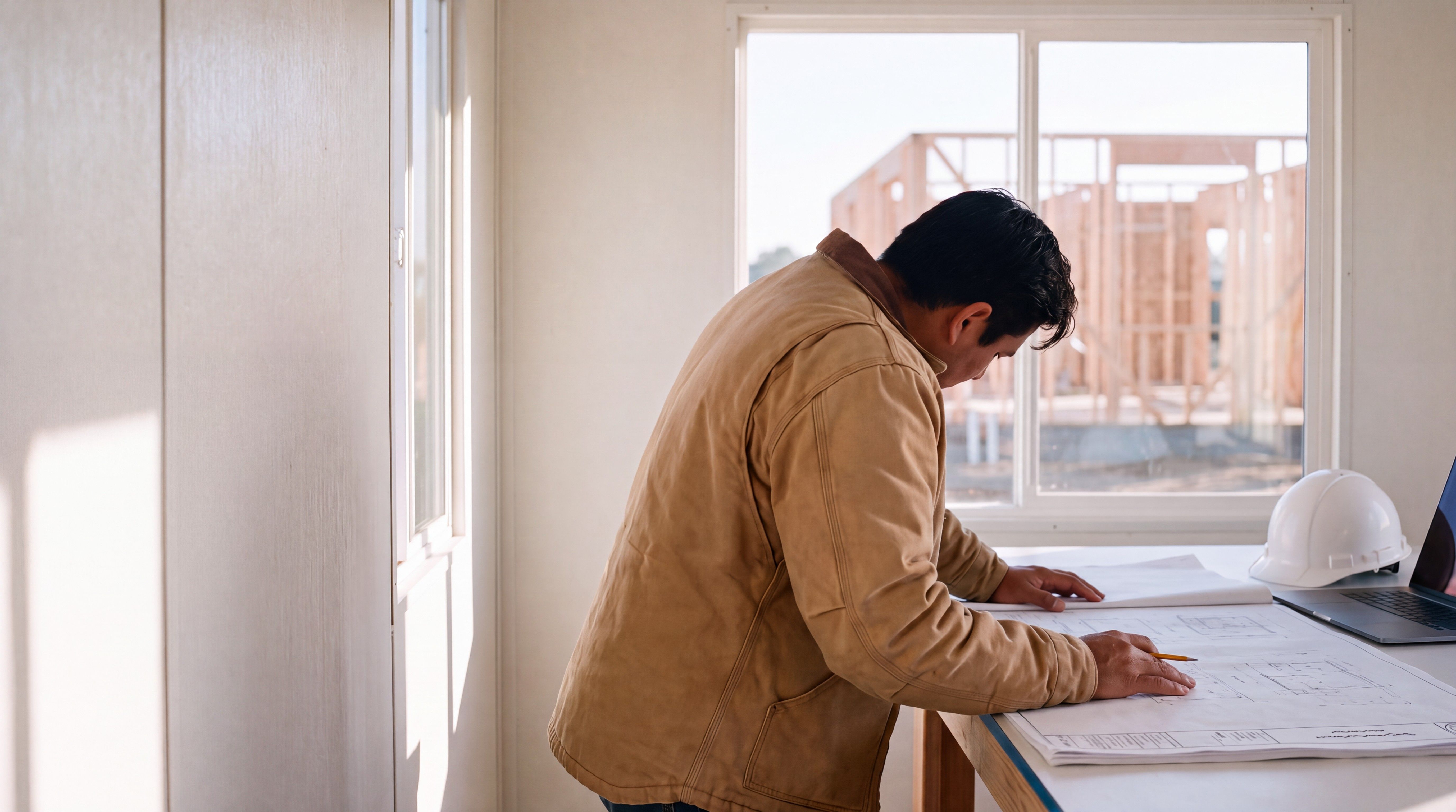 A person in a work jacket leans over printed drawings at a plan table in a job site trailer, a building under construction outside.