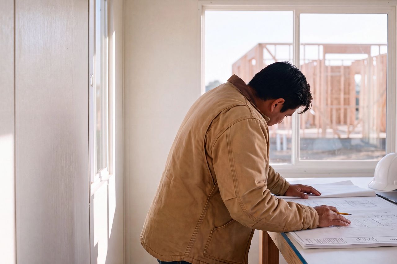 A person in a work jacket leans over printed drawings at a plan table in a job site trailer, a building under construction outside.