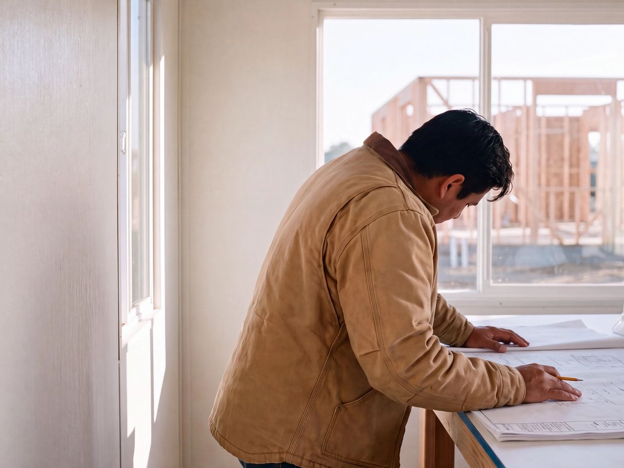A person in a work jacket leans over printed drawings at a plan table in a job site trailer, a building under construction outside.