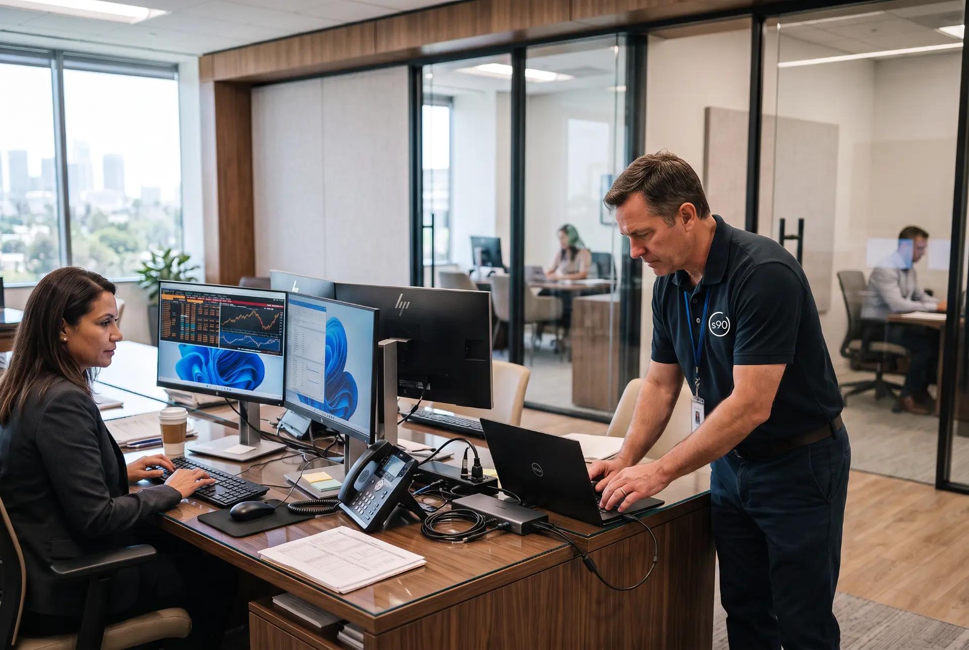 An engineer in a dark polo leans over a desk to work on a laptop while a seated colleague looks on. Three monitors show charts. Open-plan office with glass partitions behind.