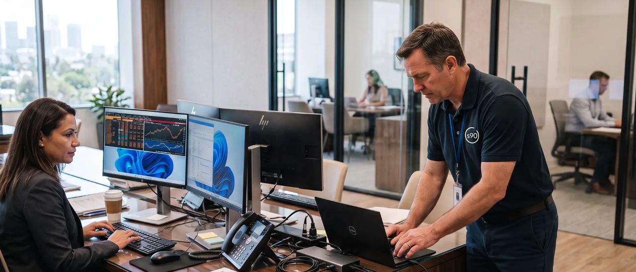 An engineer in a dark polo leans over a desk to work on a laptop while a seated colleague looks on. Three monitors show charts. Open-plan office with glass partitions behind.
