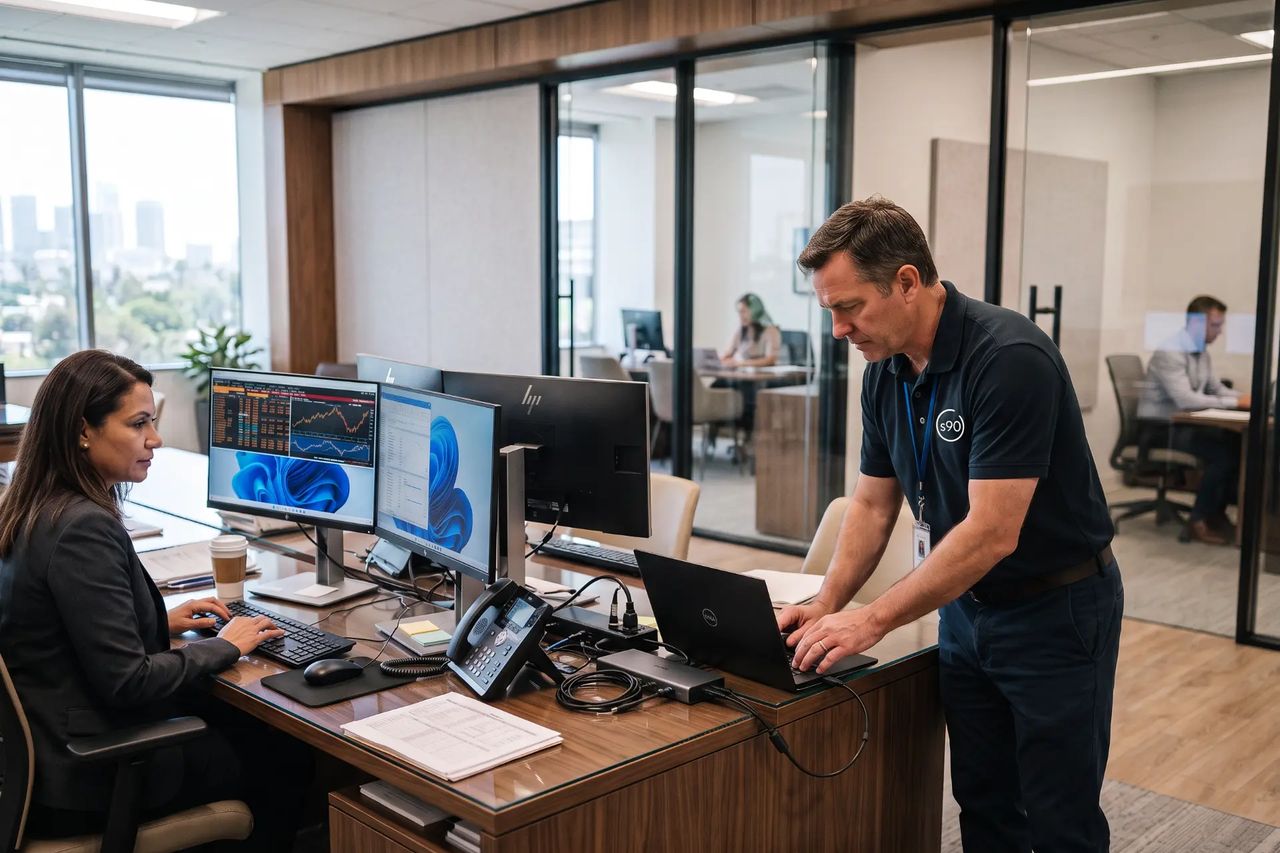 An engineer in a dark polo leans over a desk to work on a laptop while a seated colleague looks on. Three monitors show charts. Open-plan office with glass partitions behind.