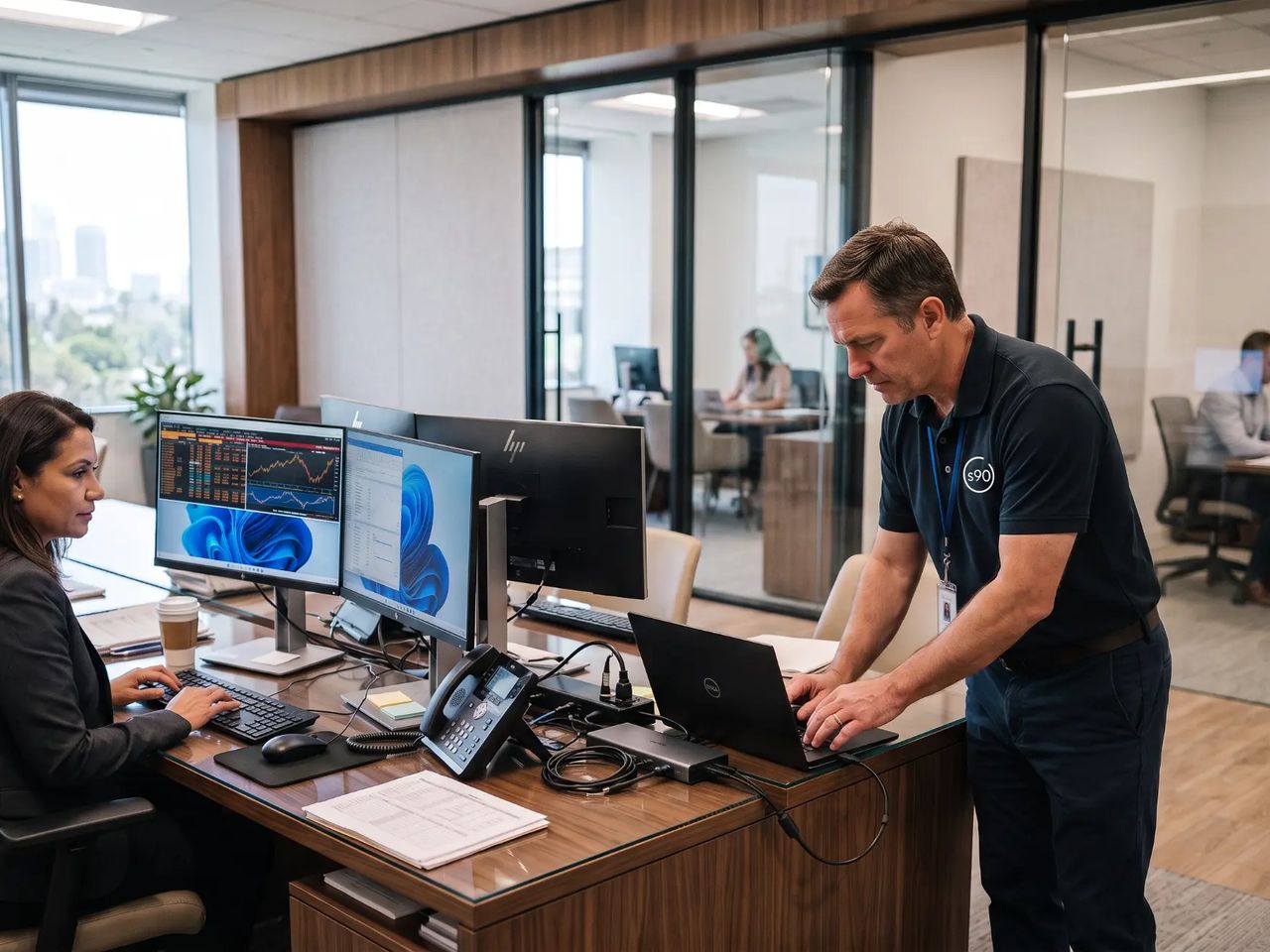 An engineer in a dark polo leans over a desk to work on a laptop while a seated colleague looks on. Three monitors show charts. Open-plan office with glass partitions behind.