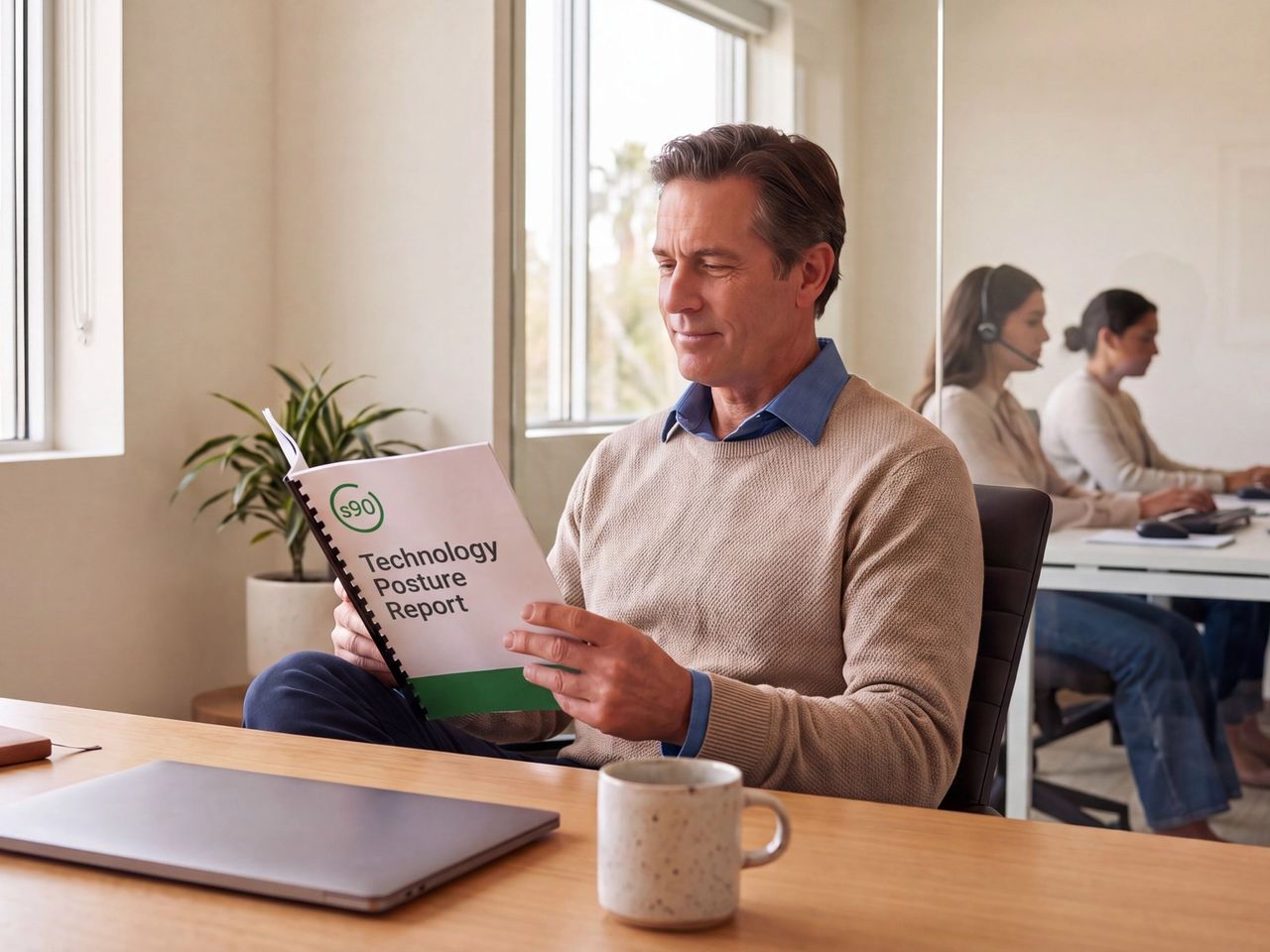 A business owner reads a bound quarterly report at their desk while staff work quietly in the office behind them.