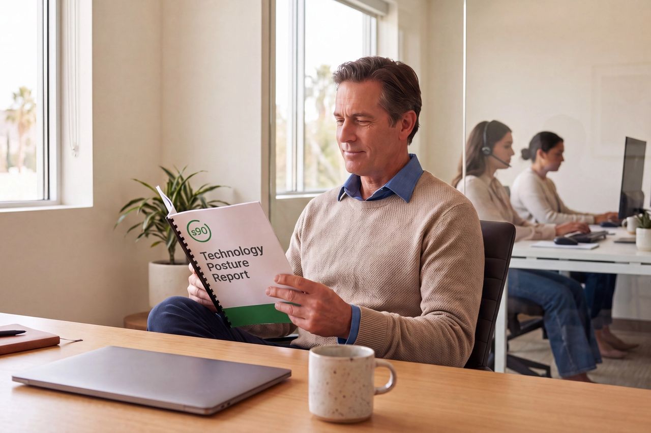 A business owner reads a bound quarterly report at their desk while staff work quietly in the office behind them.