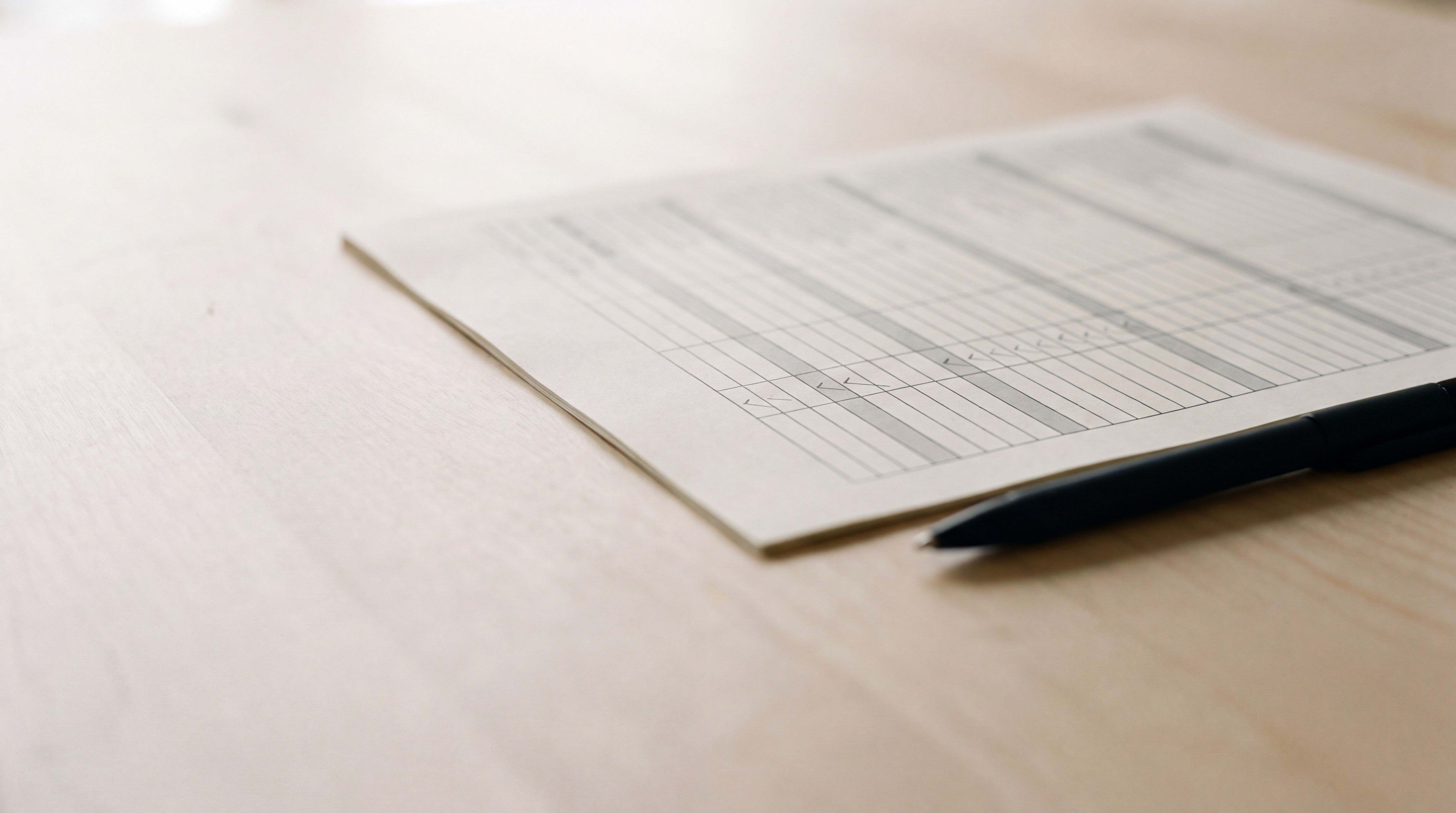 A printed control table with checkmarks lying on a pale wood desk beside a black pen.