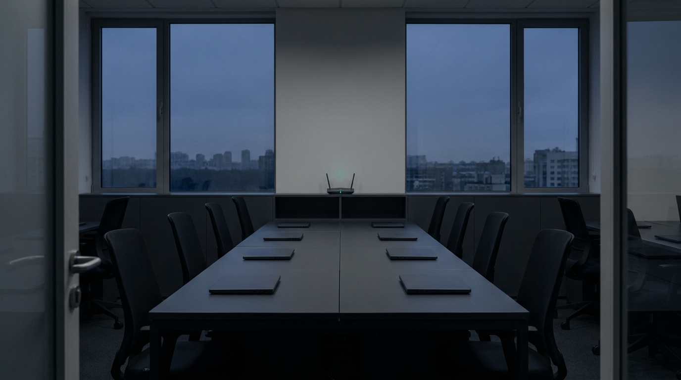An empty office at dusk with a single green indicator light.