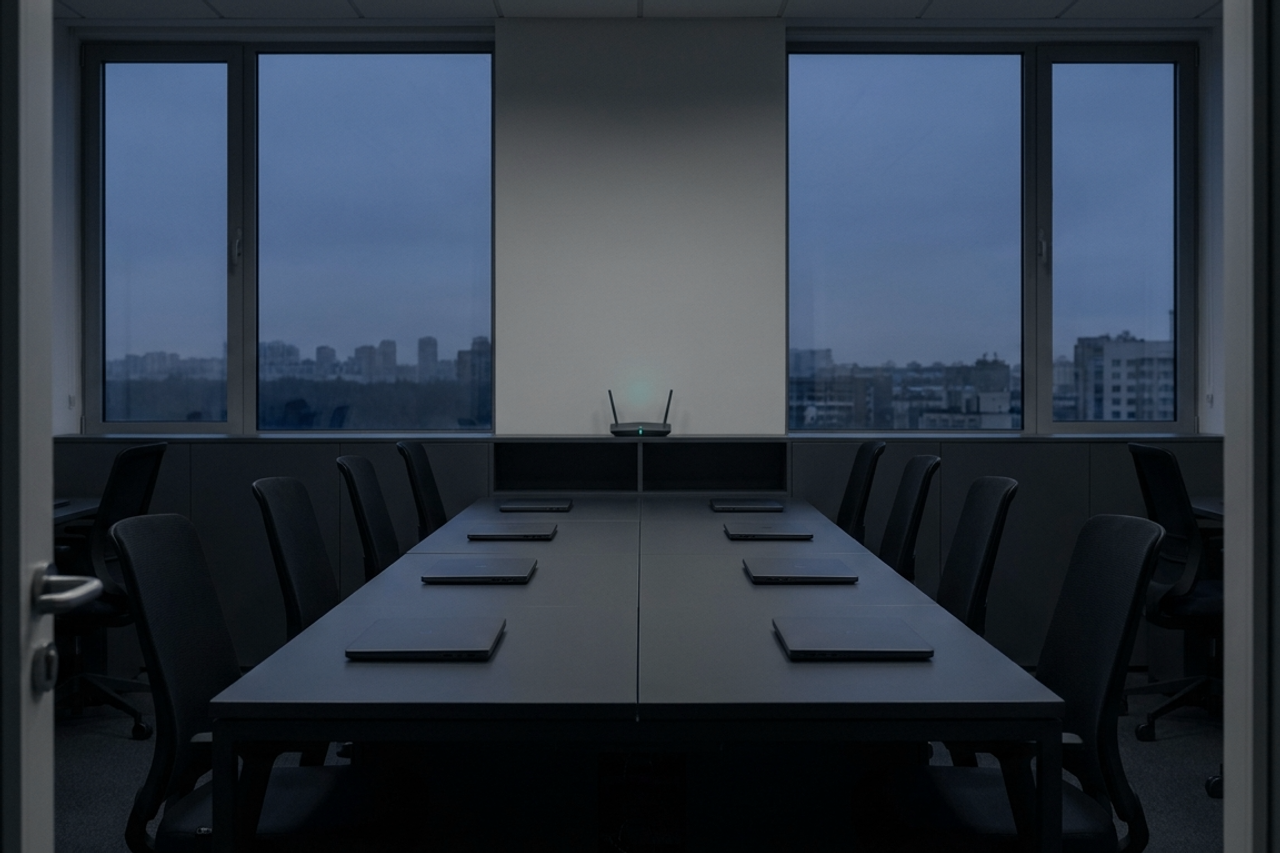 An empty office at dusk with a single green indicator light.