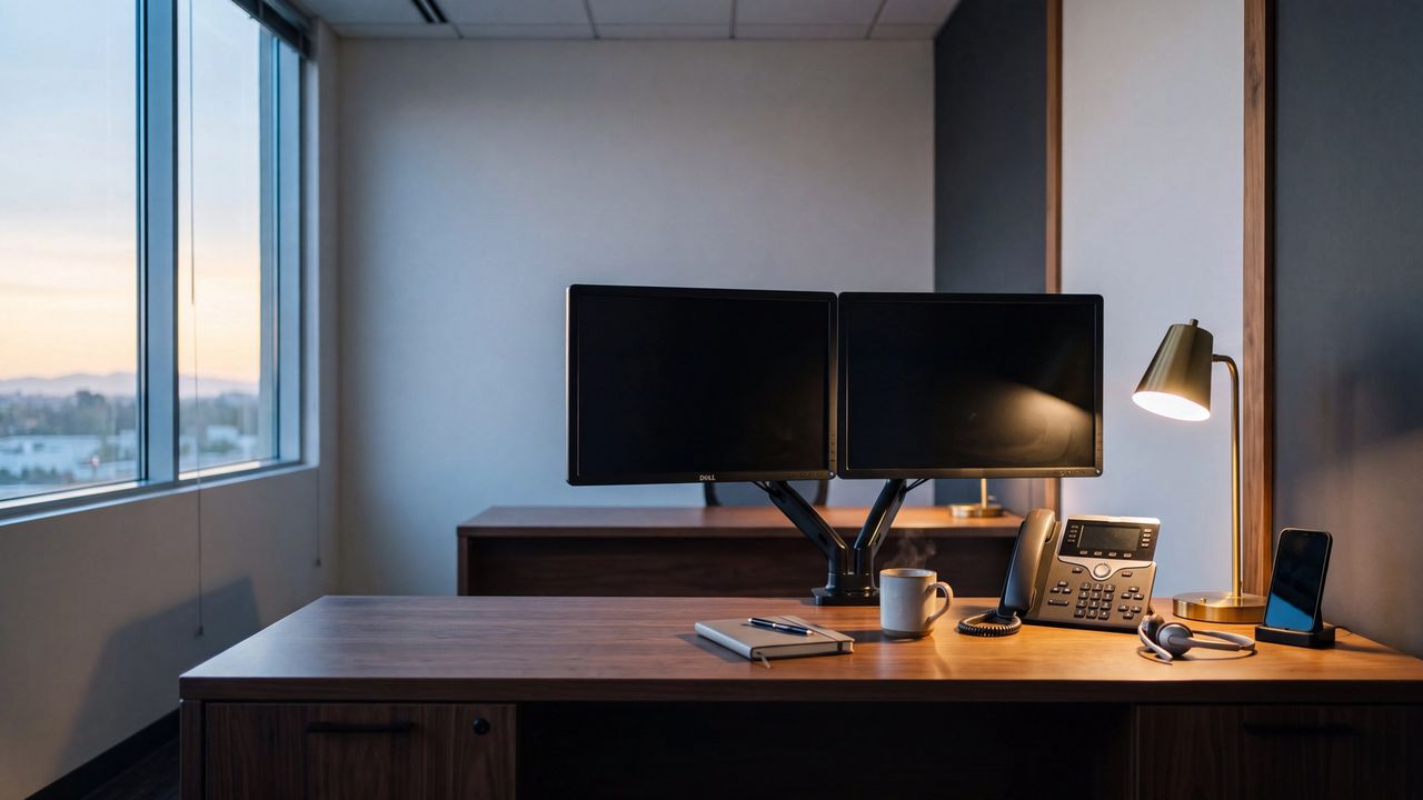 A broker-dealer branch desk at dawn, with a desk phone, headset and docked phone under a warm lamp beside a window, monitors still dark.