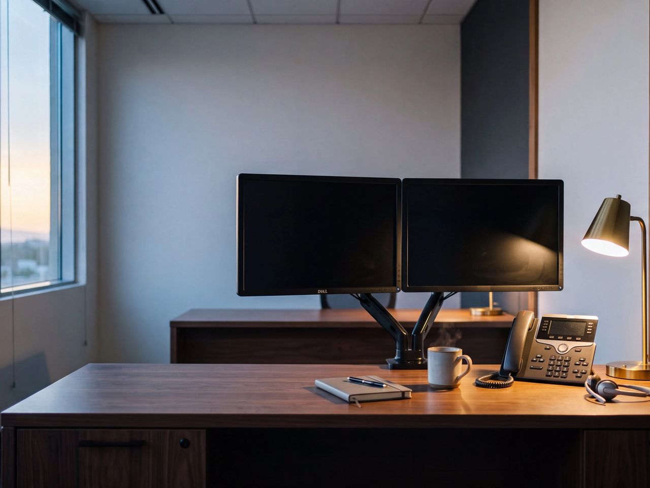 A broker-dealer branch desk at dawn, with a desk phone, headset and docked phone under a warm lamp beside a window, monitors still dark.