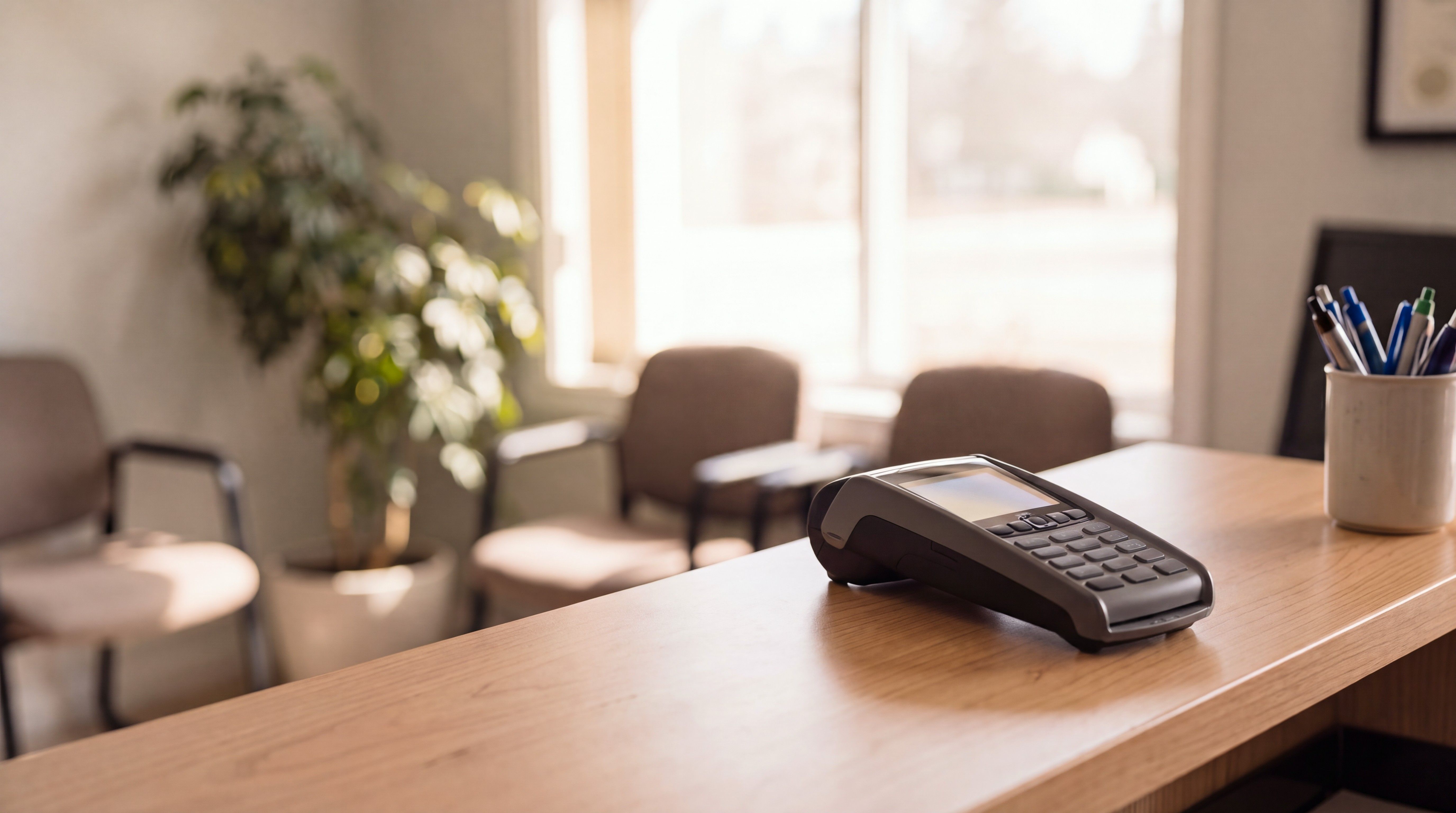 A card payment terminal on the front counter of a community services office, a waiting area softly out of focus behind it.