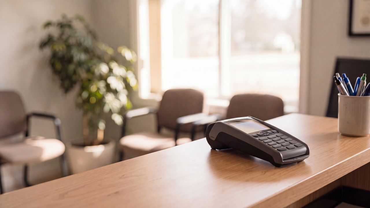A card payment terminal on the front counter of a community services office, a waiting area softly out of focus behind it.