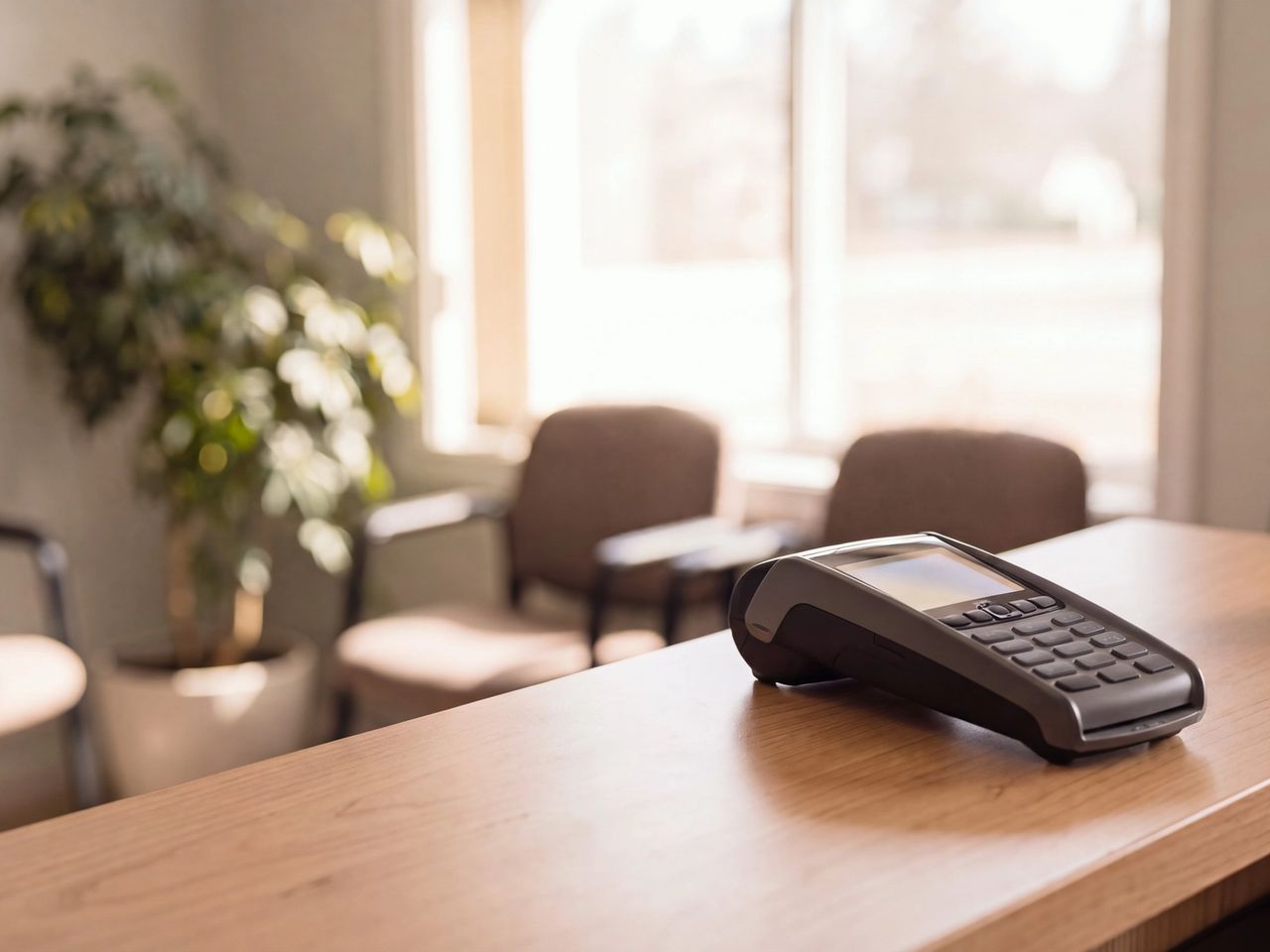A card payment terminal on the front counter of a community services office, a waiting area softly out of focus behind it.