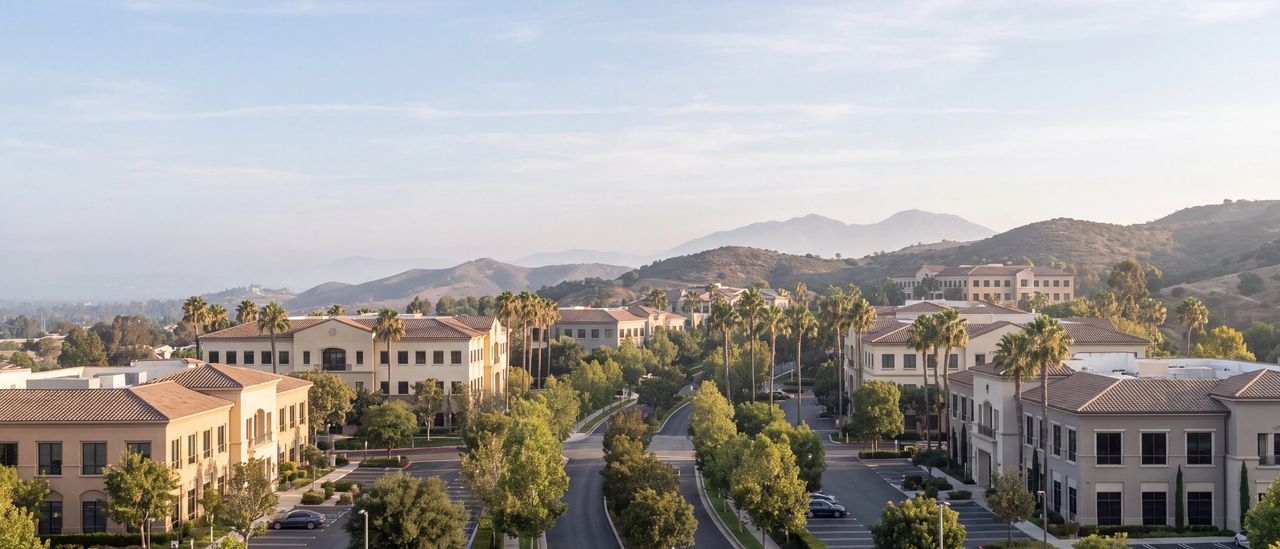 Low-rise office buildings with tile roofs among oaks and palms in the south Orange County foothills, with Saddleback Mountain in the morning haze beyond.