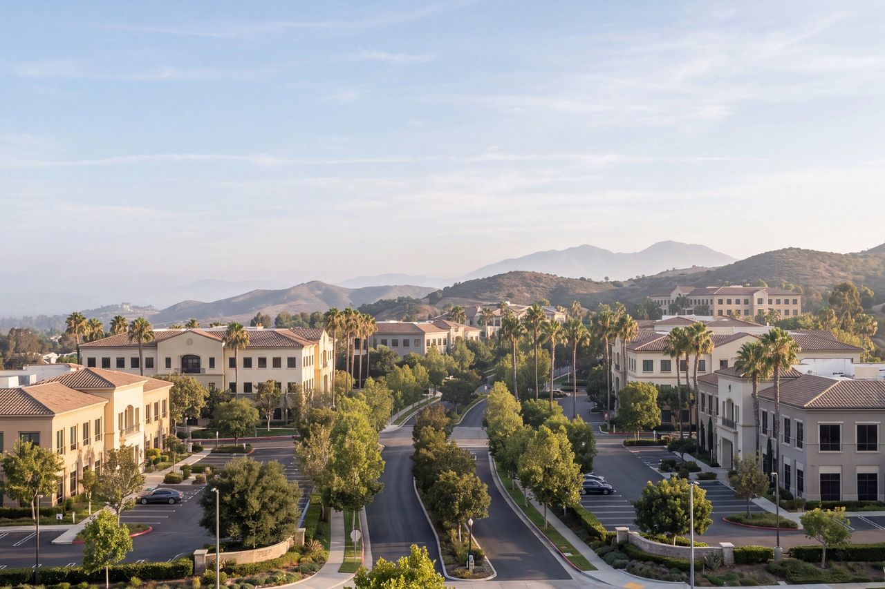 Low-rise office buildings with tile roofs among oaks and palms in the south Orange County foothills, with Saddleback Mountain in the morning haze beyond.