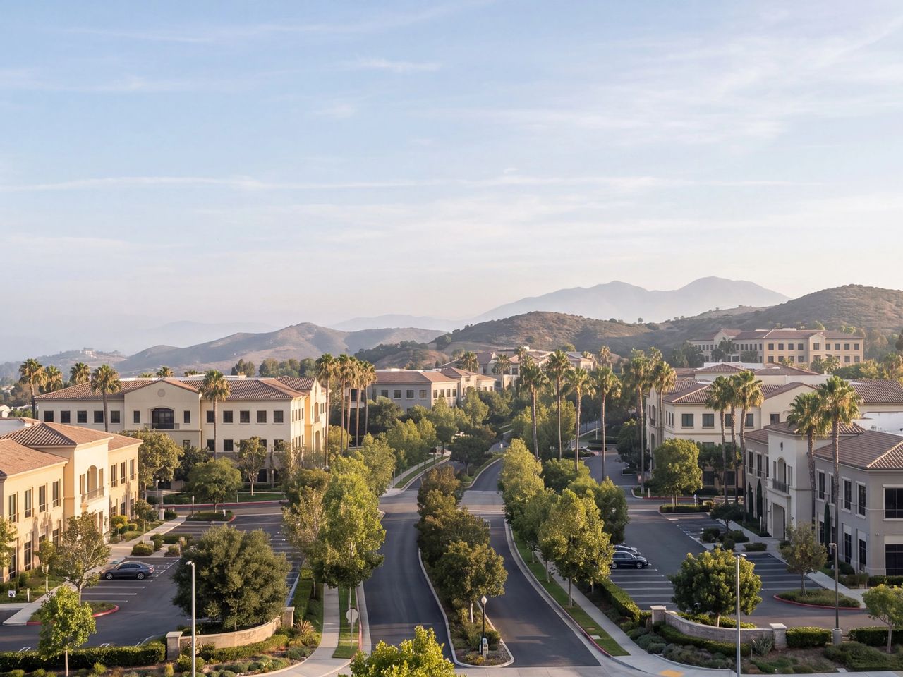 Low-rise office buildings with tile roofs among oaks and palms in the south Orange County foothills, with Saddleback Mountain in the morning haze beyond.