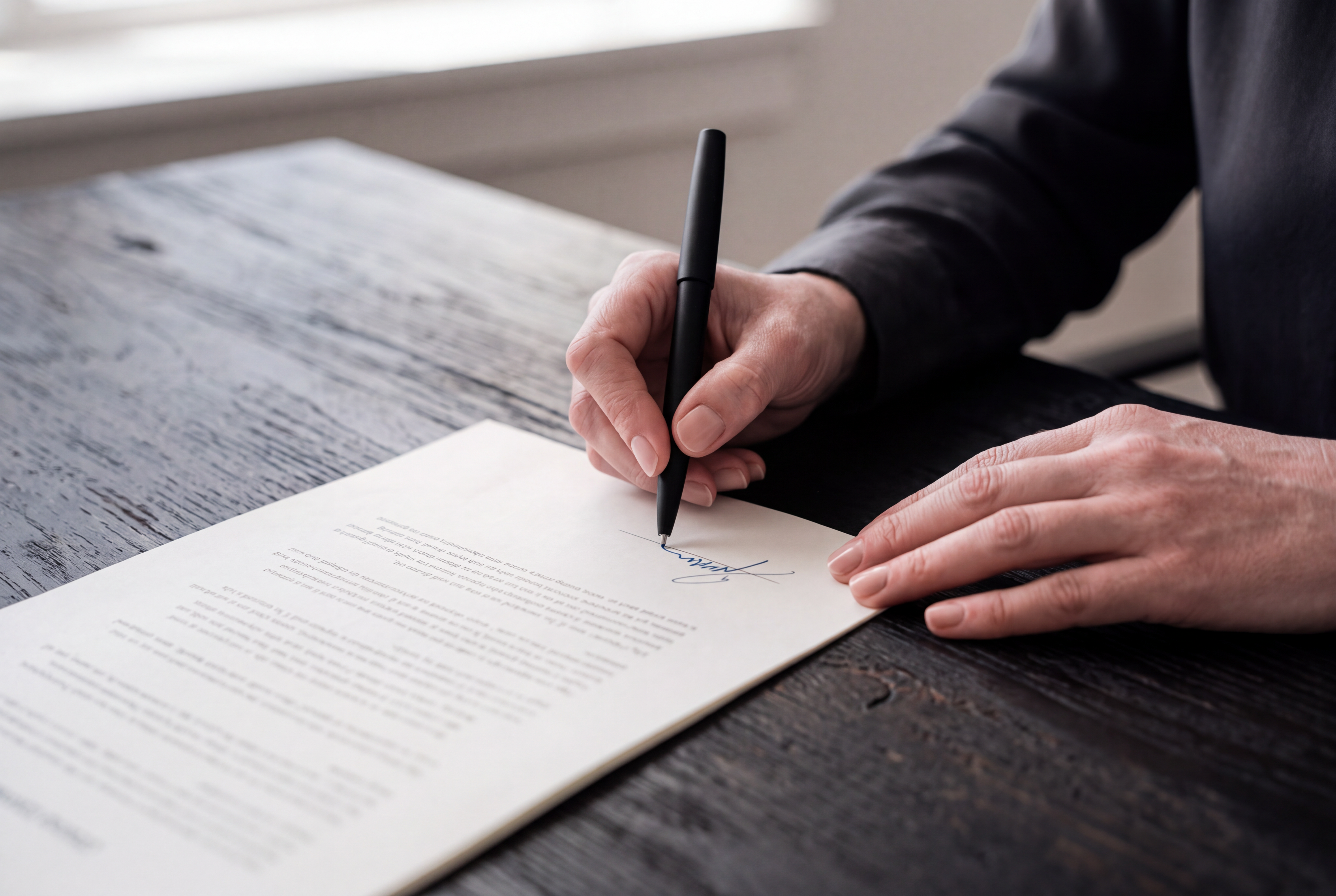 Hands signing the final page of a printed report with a matte pen.