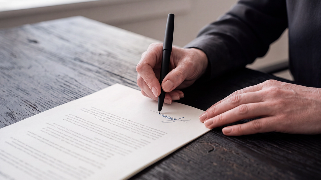 Hands signing the final page of a printed report with a matte pen.