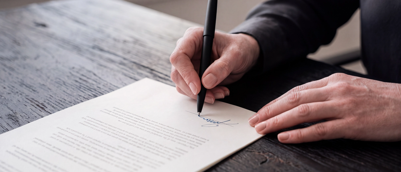 Hands signing the final page of a printed report with a matte pen.
