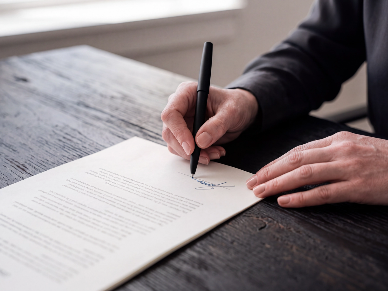 Hands signing the final page of a printed report with a matte pen.