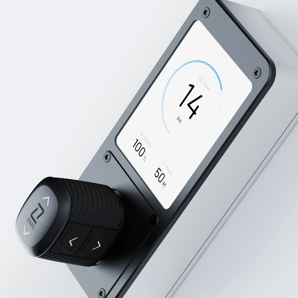 Connected vehicle interface design featuring digital throttle control and display system.