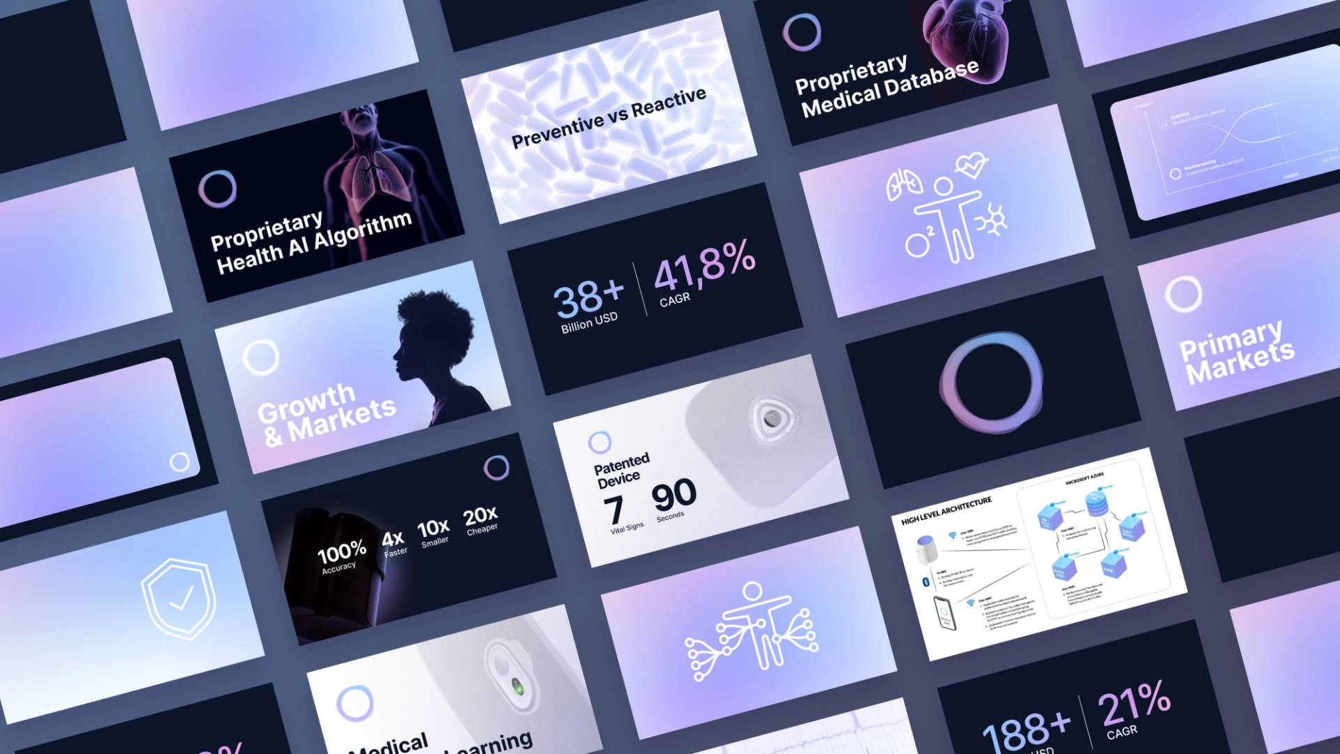 Digital product design pitch deck showcasing data analytics and healthcare AI interfaces.