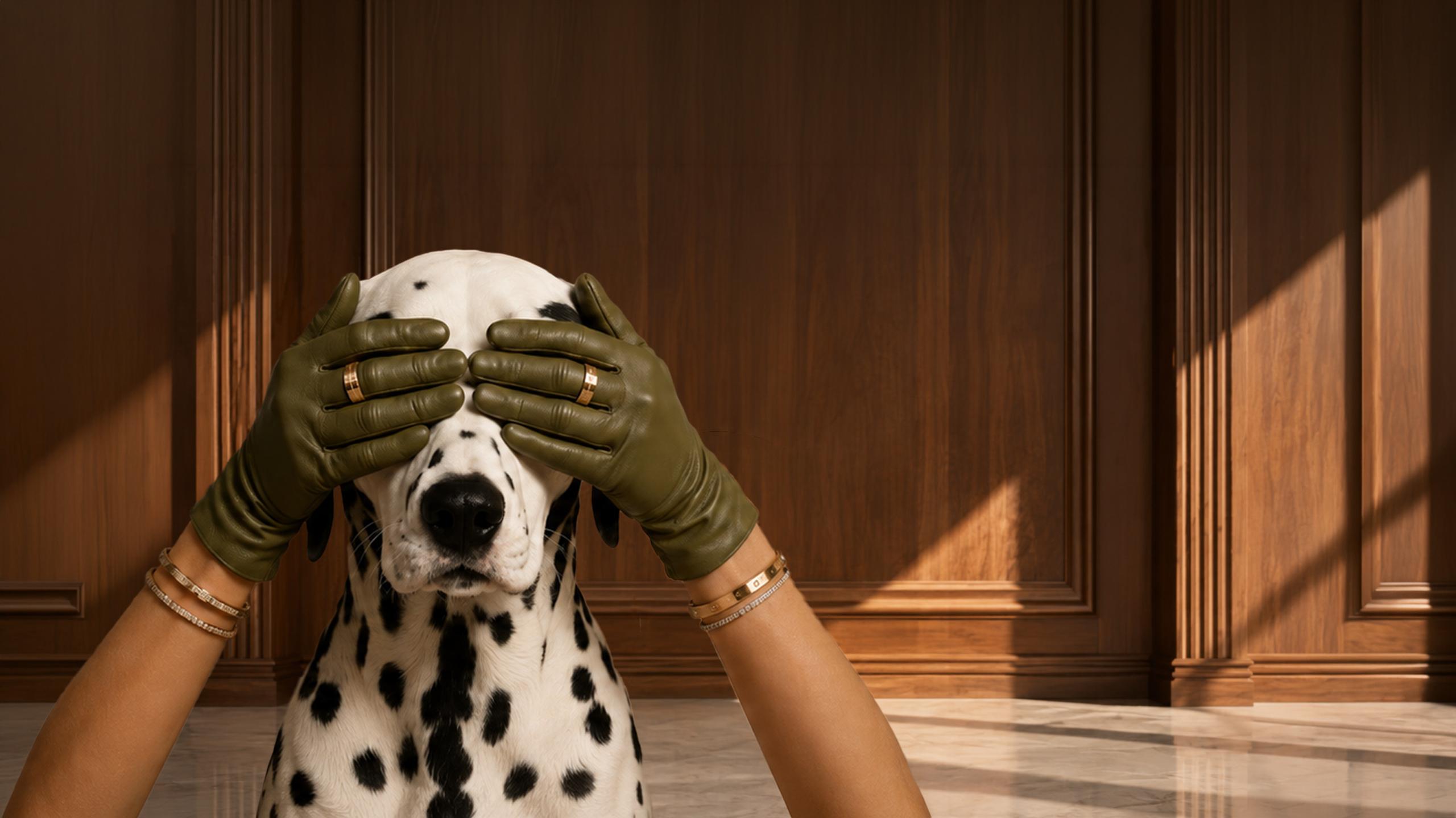 A dalmatian sitting in a wood panelled room, with a pair of gloved hands resting gently over its eyes.