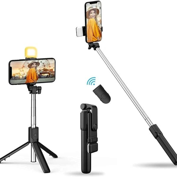 Selfie Stick with LED Fill Light, Phone Tripod Stand with Detachable Bluetooth Wireless Remote Compatible