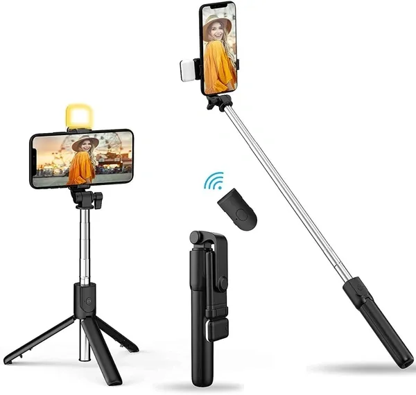 Selfie Stick with LED Fill Light, Phone Tripod Stand with Detachable Bluetooth Wireless Remote Compatible