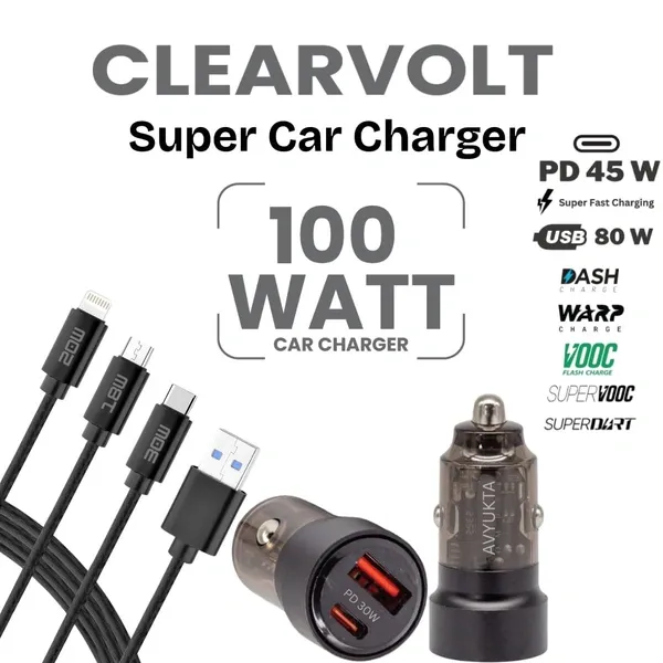 AVYUKTA 100W Super Fast Car Charger (PD 30W + QC 4.0 Dual Port) 6-Month Warranty
