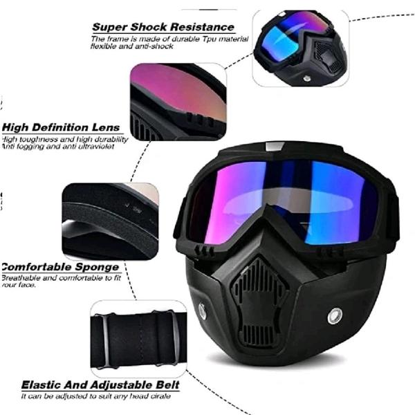 Goggle With Mask Riding Mask For Bikers Anti Scratch UV Protective Bike Face Mask For Men Detachable With Soft Foam Padded Face Cover Helmet Google Mask Off Road Dust Protection Mask (Rainbow)