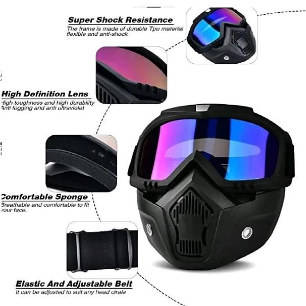 Goggle With Mask Riding Mask For Bikers Anti Scratch UV Protective Bike Face Mask For Men Detachable With Soft Foam Padded Face Cover Helmet Google Mask Off Road Dust Protection Mask (Rainbow)