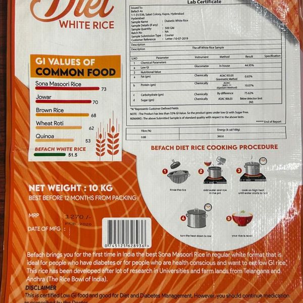 Befach Low GI Fortified Rice 10Kg  | Diabetes Friendly Low Glycemic Index Rice | High Fibre Vitamin & Mineral Enriched Daily Rice | Supports Healthy Blood Sugar Levels thumbnail 2