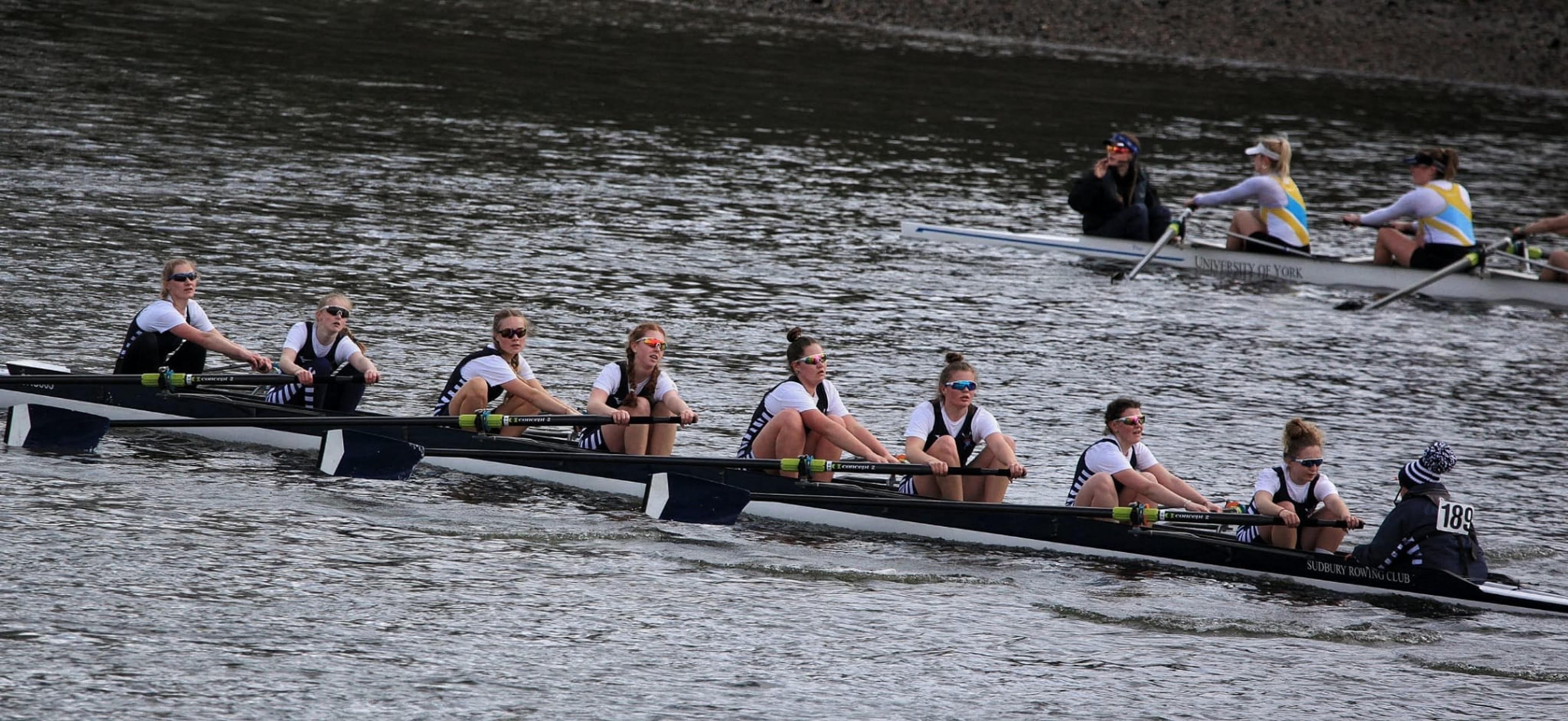 Mid-race on the tideway, neck and neck with a University of York boat. 