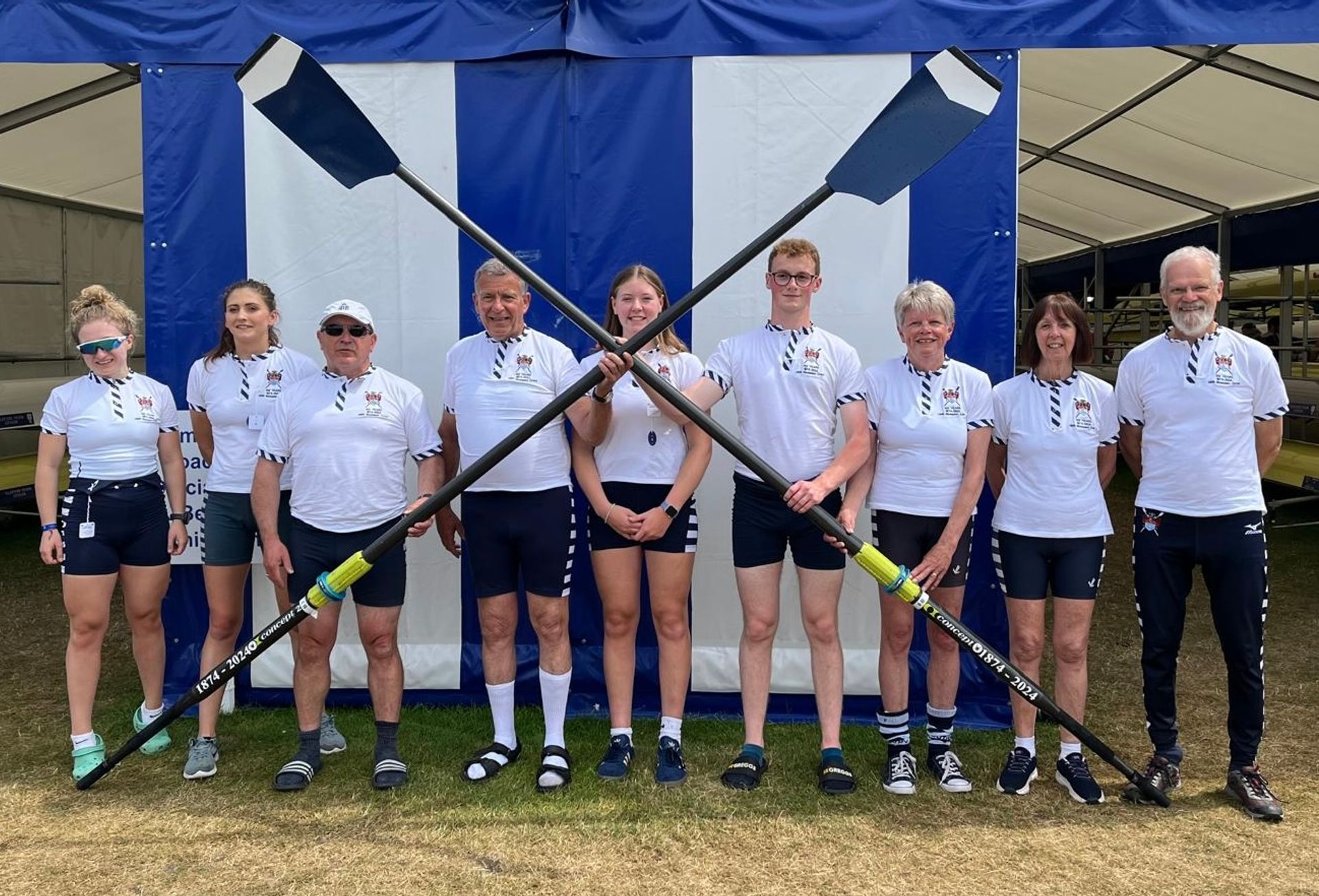 The crew of Sudbury’s row-past eight: (L-R) Amelia Moule, Victoria Burgess, Antony Moule, Andrew Blit, Lilly Krohn, Rory Fildes, Rosemary Hogsberg, Tricia Fincham and Mike Arnott.