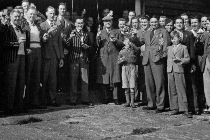 Good Friday Opening, 1948.
L-R: George Layer (with spectacles), Jimmy Judge (striped blazer), Bob Davis (face obscured by Jud…