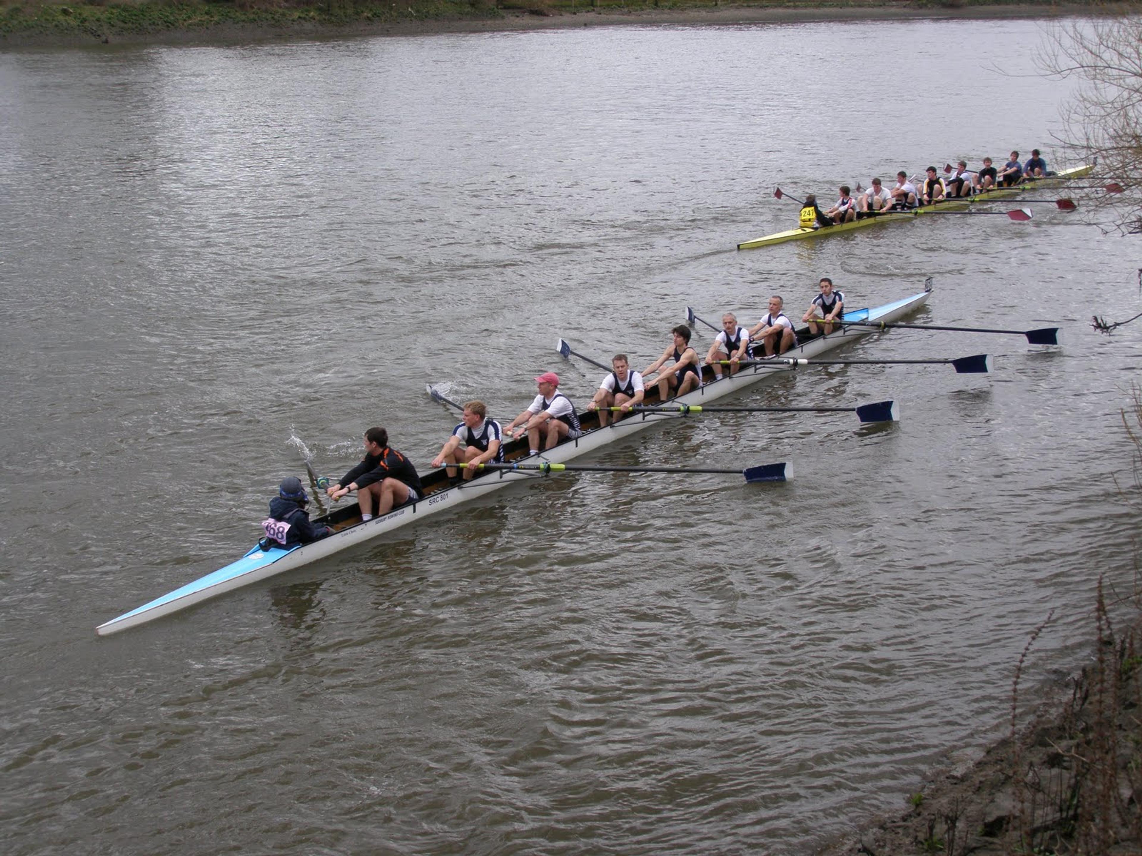 The Sudbury eight jostling for position on the tideway. 