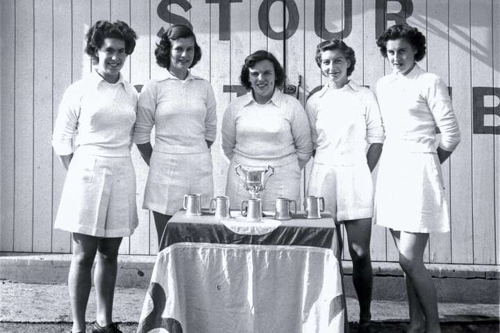 L-R: Jean Hill, Peggy Finch, Dot Jay, Marjorie Dormer and possibly Doreen Steed, with their 1950 cups.