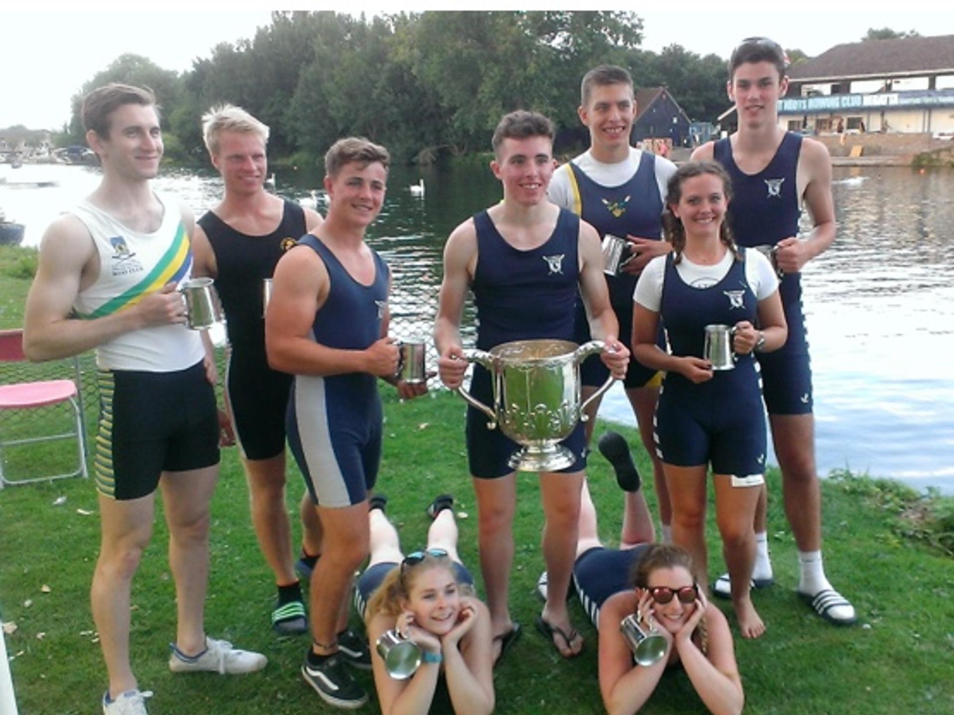 Mark Hughes, Tom Horton, George Jackson, Tom Bowles, Kieron Dibley, Callum Power, Molly Shaw, Amy Bowles and Holly Adams (cox) – winners of the men’s eight event at St. Neots Regatta.