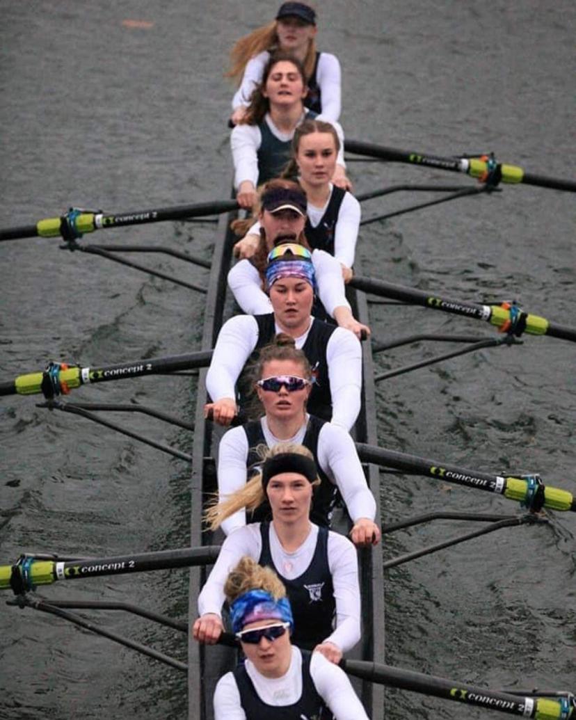 The winning women’s eight of Amelia Moule, Zoe Rogers, Martha Bullen, Evie Prager, Emily Norfolk, Elodie Nicholson, Victoria Burgess, Jess Wilby and Harry Moule (cox).