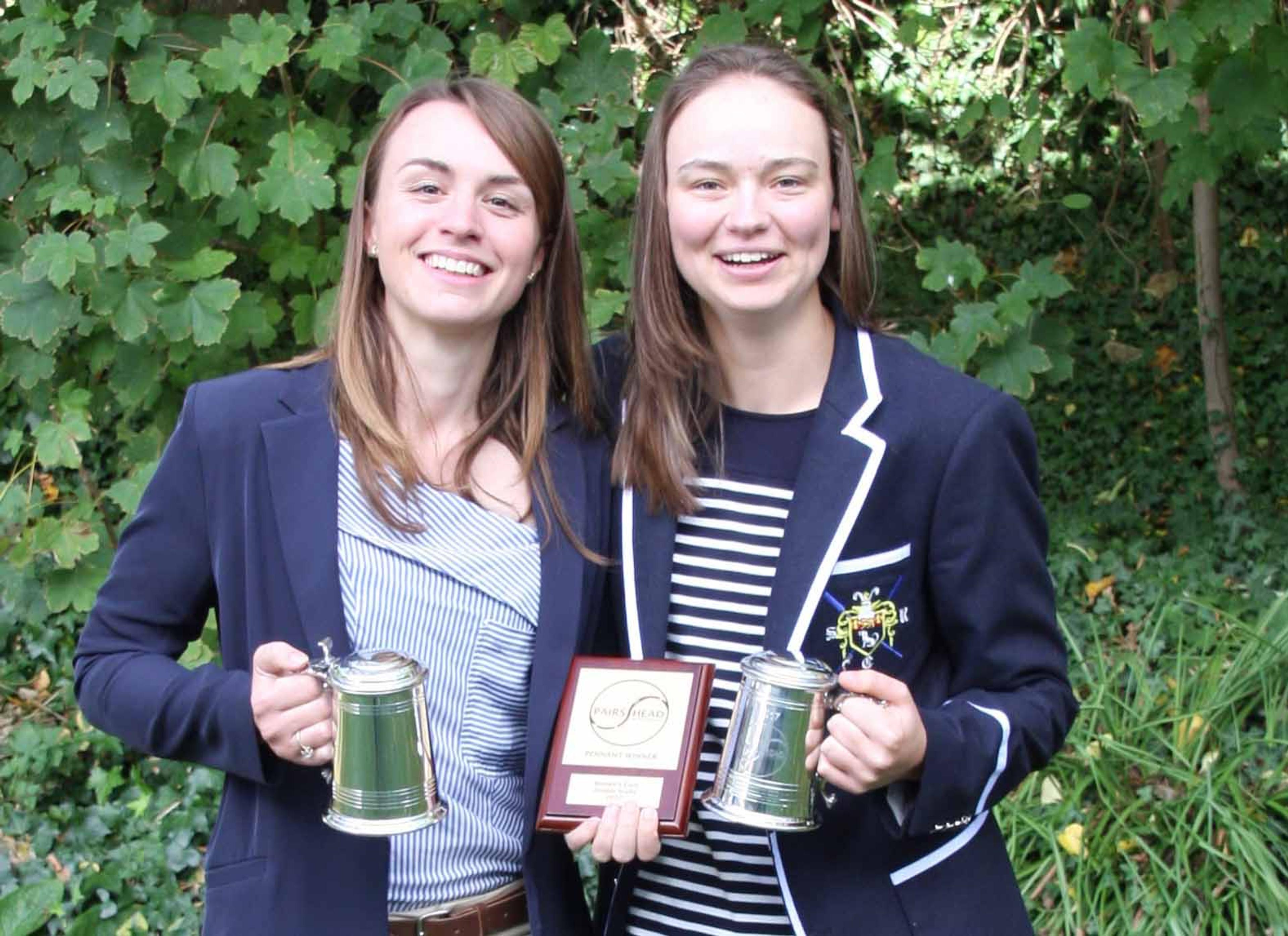 Bev Goodchild (Ipswich RC) and Jen Titterington holding their prizes at the Pairs Head of the River Race.