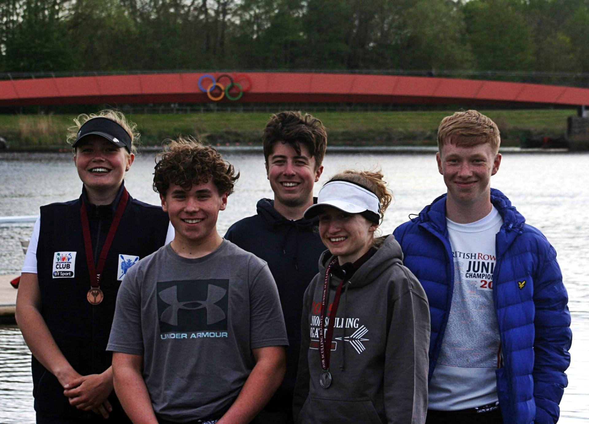 From left to right: Martha Bullen, Harry Moule, Byron Bullen, Amelia Moule and Sam McLoughlin, at Dorney Lake.