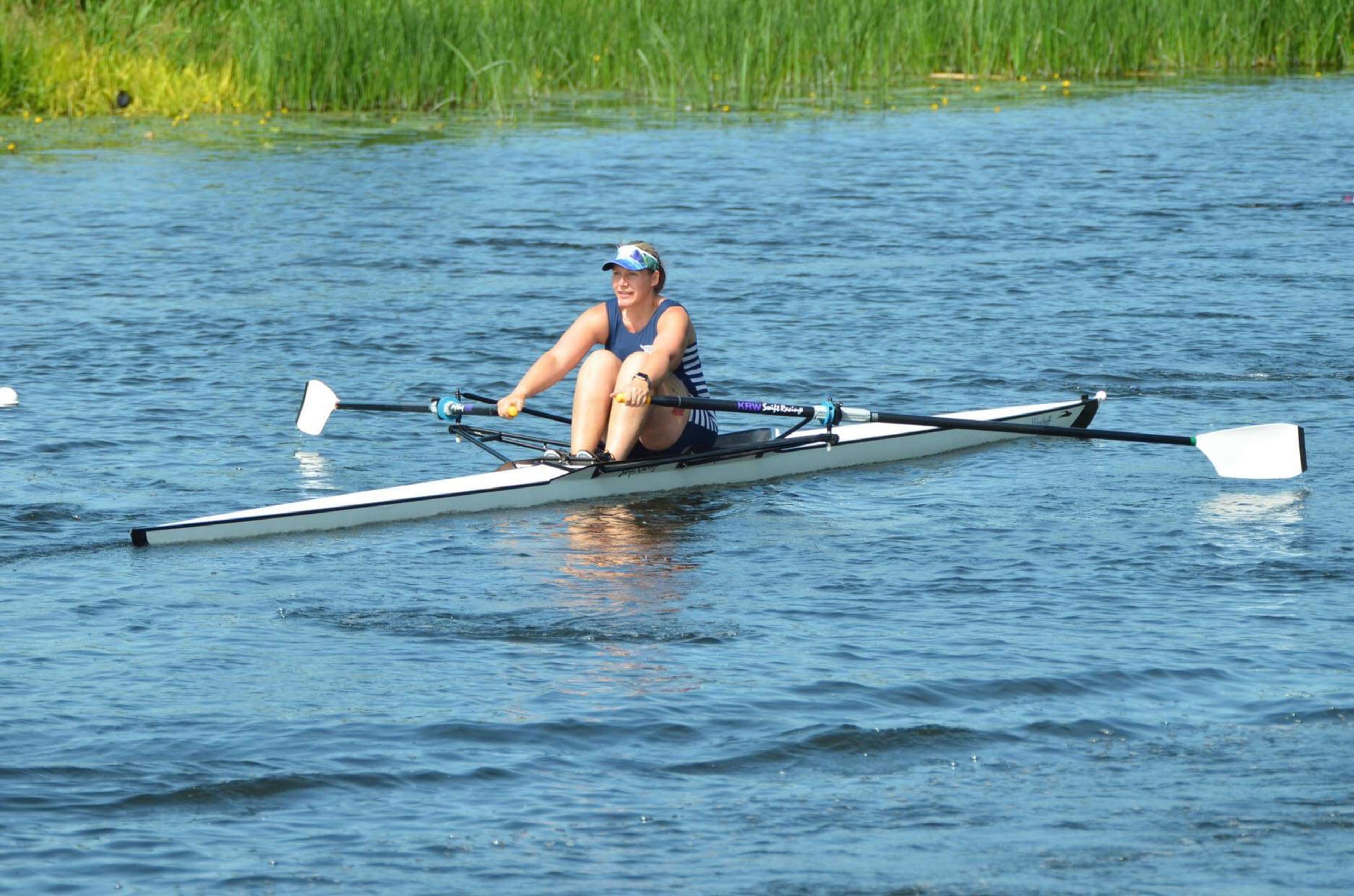 Winning Sudbury single sculler, Kate Wallace, sculling to victory at St Ives.